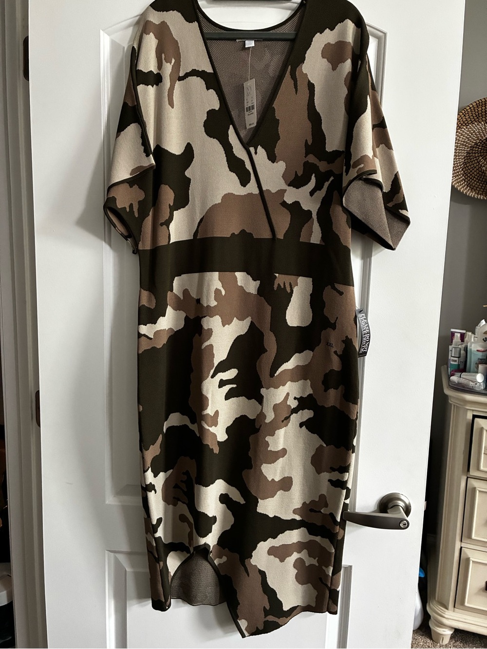 New York & Company Green and Brown Camouflage V-Neck Midi Dress